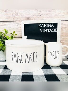 Rae Dunn White 'Pancakes' Container and 'Syrup' Pitcher Serve ware Set